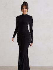 Club L London Black Pietra High Neck Long Sleeve Knot Maxi Dress - Image 1 of 5