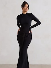 Club L London Black Pietra High Neck Long Sleeve Knot Maxi Dress - Image 2 of 5
