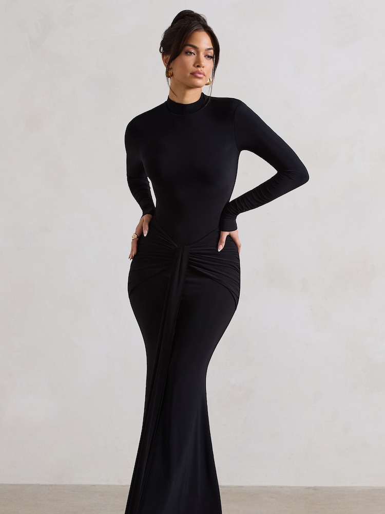 Club L London Black Pietra High Neck Long Sleeve Knot Maxi Dress - Image 2 of 5