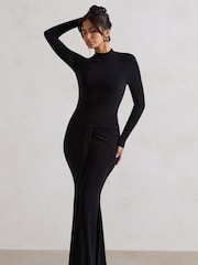 Club L London Black Pietra High Neck Long Sleeve Knot Maxi Dress - Image 3 of 5