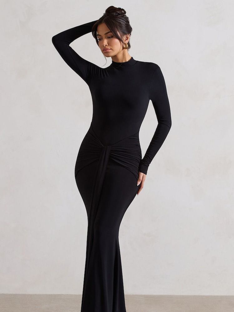 Club L London Black Pietra High Neck Long Sleeve Knot Maxi Dress - Image 3 of 5