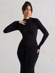 Club L London Black Pietra High Neck Long Sleeve Knot Maxi Dress - Image 4 of 5