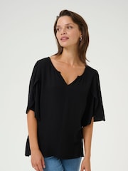 Kaffe KAmona Tulip Sleeve V-notch Neck Black Blouse - Image 1 of 5