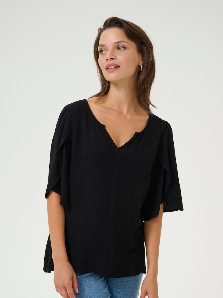 Kaffe KAmona Tulip Sleeve V-notch Neck Black Blouse - Image 1 of 5