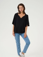 Kaffe KAmona Tulip Sleeve V-notch Neck Black Blouse - Image 2 of 5