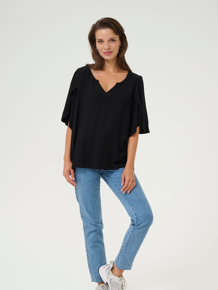 Kaffe KAmona Tulip Sleeve V-notch Neck Black Blouse - Image 2 of 5