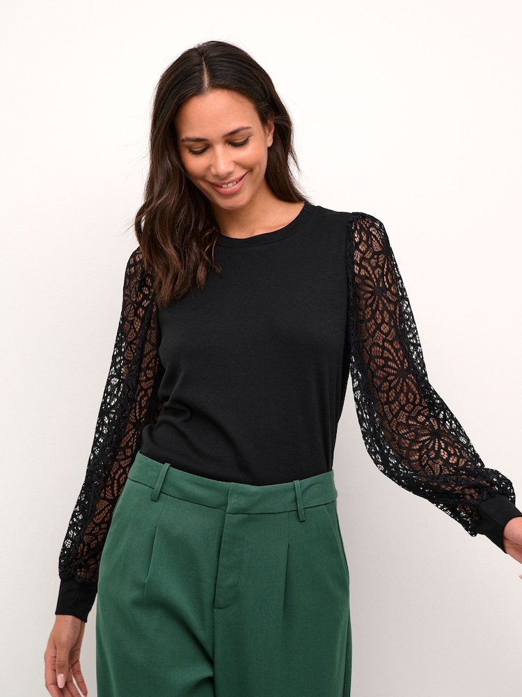 Kaffe Becca Lace Sleeve Regular Fit Black Blouse - Image 1 of 6