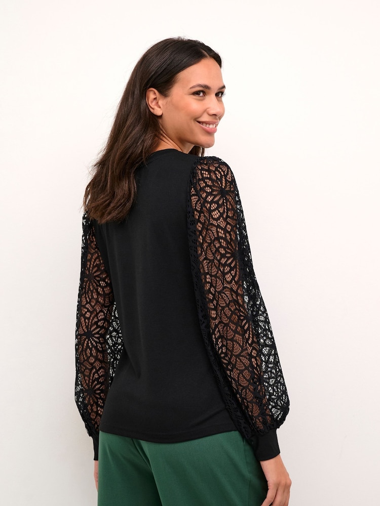 Kaffe Becca Lace Sleeve Regular Fit Black Blouse - Image 2 of 6