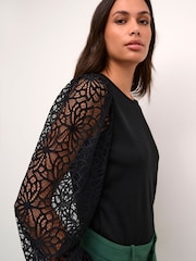Kaffe Becca Lace Sleeve Regular Fit Black Blouse - Image 4 of 6
