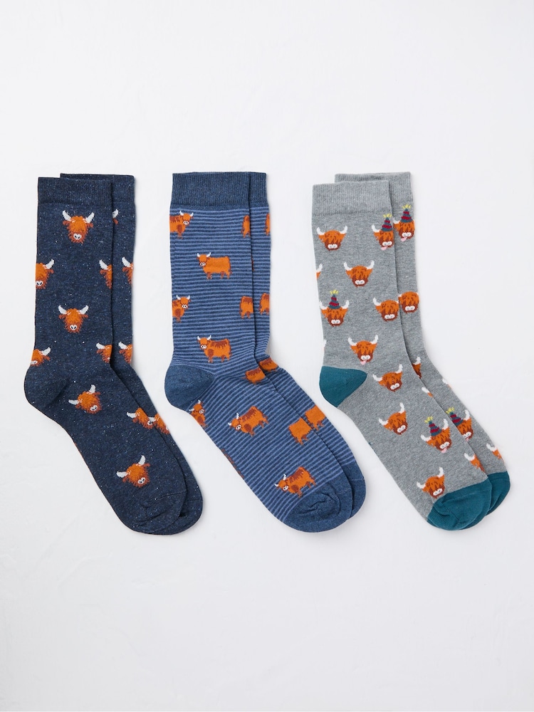 FatFace Blue 3 Pairs of Highland Cow Socks - Image 1 of 2