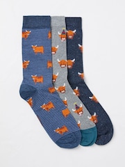 FatFace Blue 3 Pairs of Highland Cow Socks - Image 2 of 2