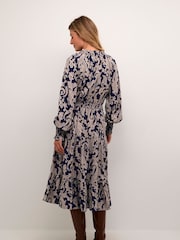 Cream Long Sleeve Printed Midi Blue Dress - Image 2 of 5