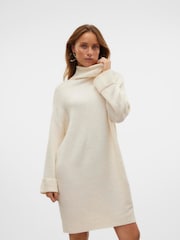 VERO MODA Cream Long Sleeve Cowlneck Mini Knitted Jumper Dress - Image 1 of 4