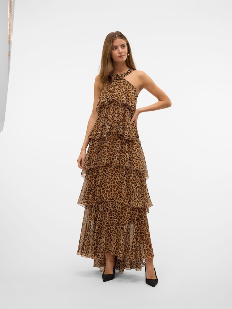 VERO MODA Black Leopard Halter Neck Tiered Ruffle Maxi Dress - Image 1 of 8