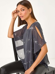 Gris - Roman Leopard Print Sequin Asymmetric Overlay Top - Imagen 1 de 5
