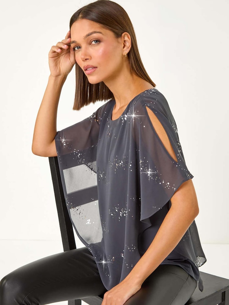 Gris - Roman Leopard Print Sequin Asymmetric Overlay Top - Imagen 1 de 5