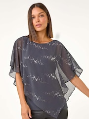 Gris - Roman Leopard Print Sequin Asymmetric Overlay Top - Imagen 2 de 5