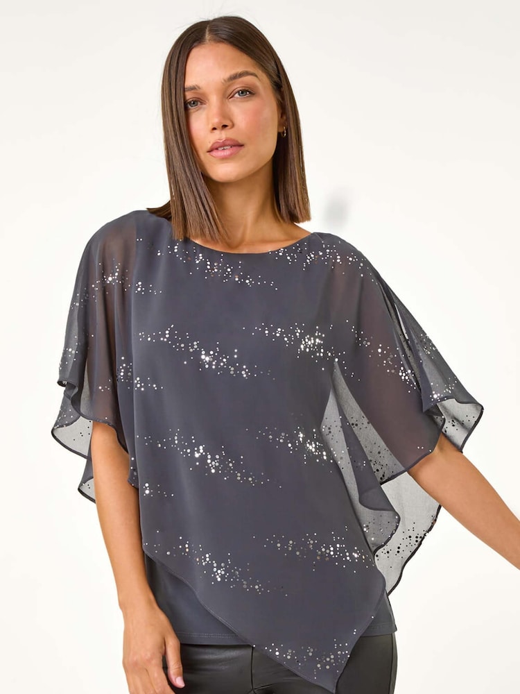 Gris - Roman Leopard Print Sequin Asymmetric Overlay Top - Imagen 2 de 5