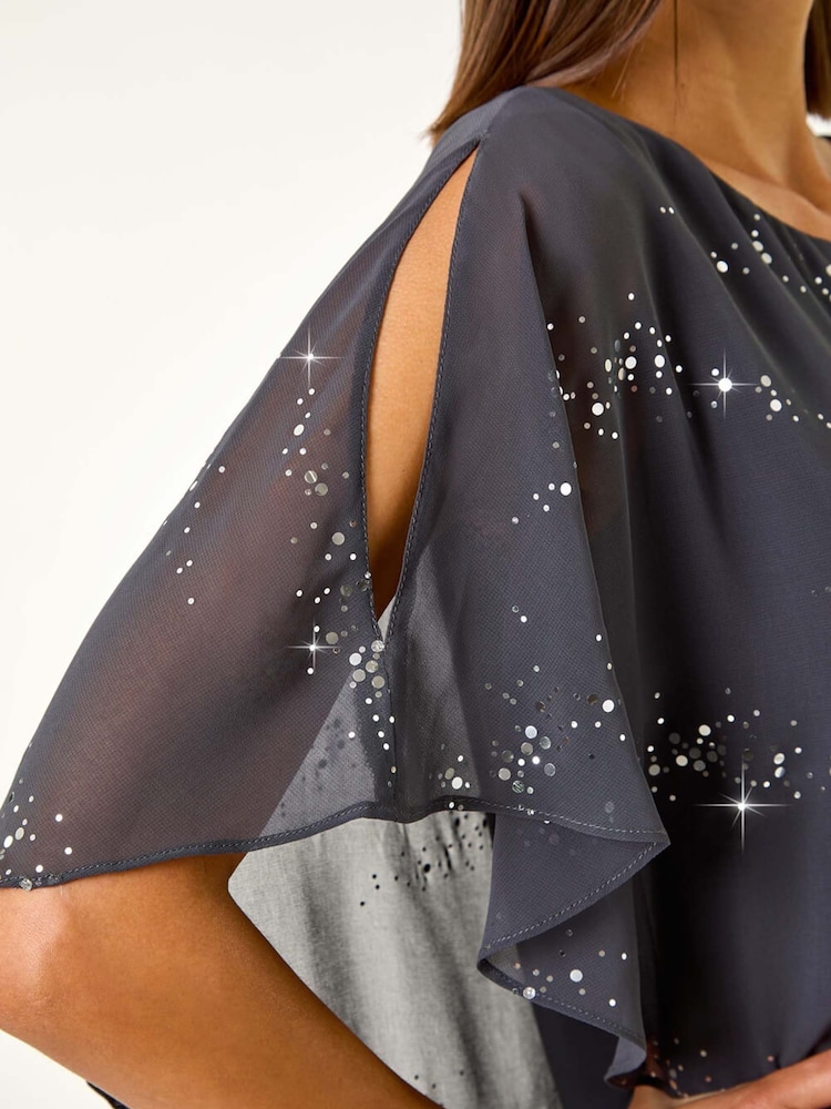 Gris - Roman Leopard Print Sequin Asymmetric Overlay Top - Imagen 5 de 5