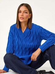Roman Blue V-Neck Cable Knit Jumper - Image 1 of 5