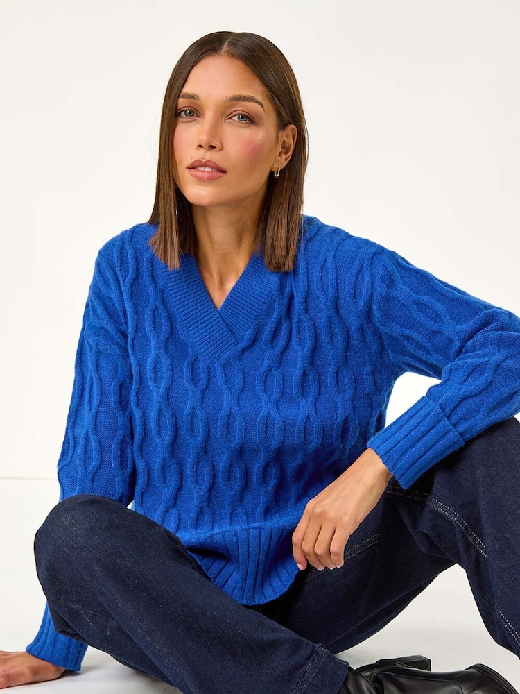 Roman Blue V-Neck Cable Knit Jumper - Image 1 of 5