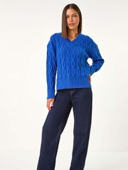 Roman Blue V-Neck Cable Knit Jumper - Image 4 of 5