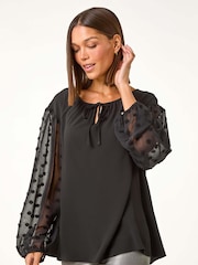 Roman Black Dobby Sleeve Tie Neck Top - Image 1 of 5