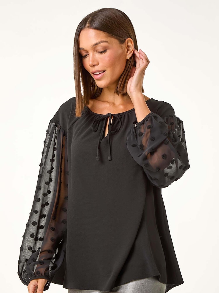 Roman Black Dobby Sleeve Tie Neck Top - Image 1 of 5