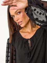 Roman Black Dobby Sleeve Tie Neck Top - Image 2 of 5