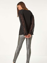 Roman Black Dobby Sleeve Tie Neck Top - Image 3 of 5