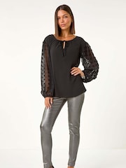 Roman Black Dobby Sleeve Tie Neck Top - Image 4 of 5