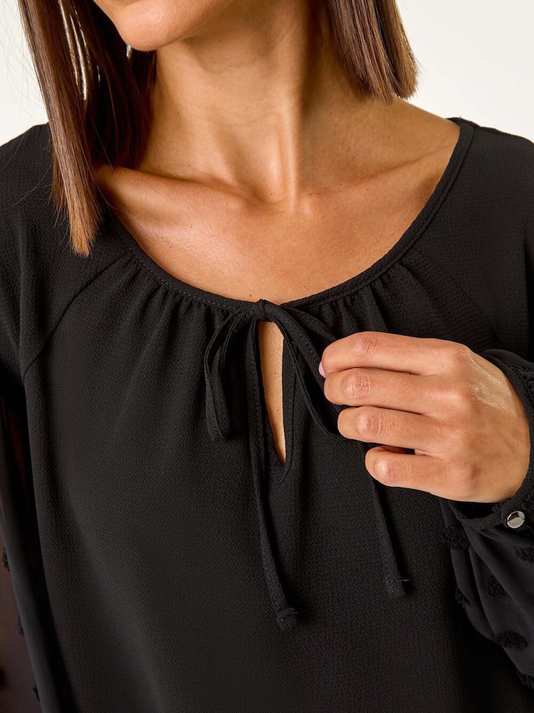 Roman Black Dobby Sleeve Tie Neck Top - Image 5 of 5