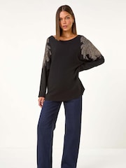 Roman Black Leaf Hotfix Batwing Knit Jumper - Image 5 of 5