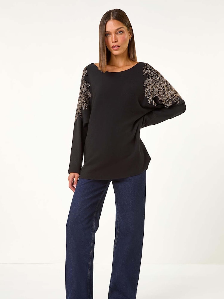 Roman Black Leaf Hotfix Batwing Knit Jumper - Image 5 of 5