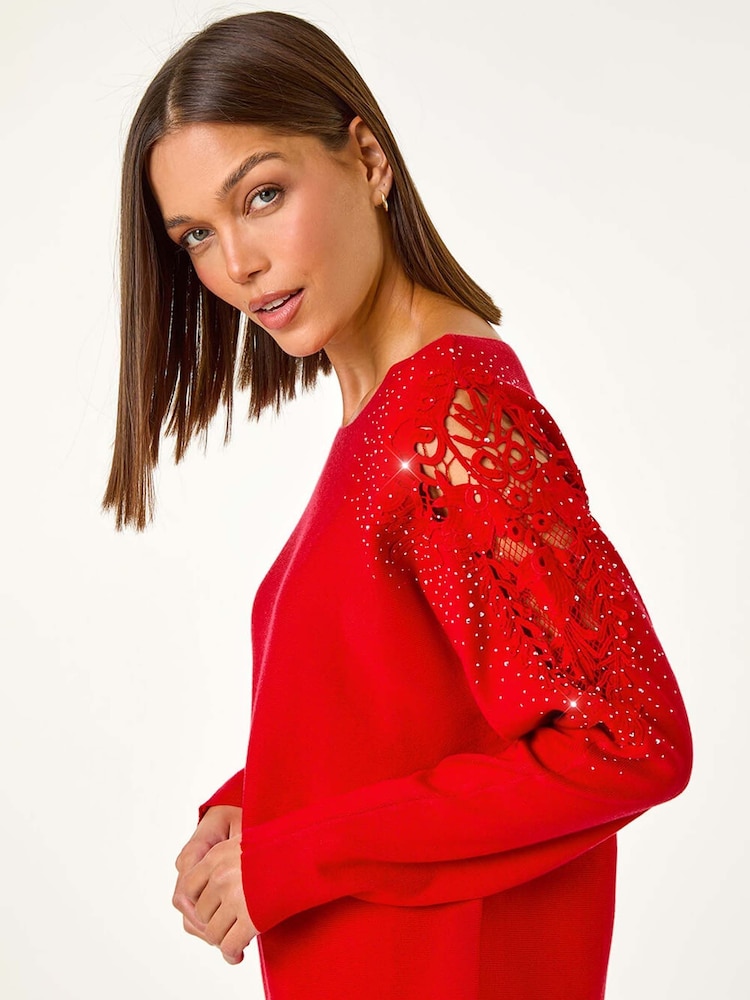 Roman Red Diamante Sleeve Knit Jumper - Image 1 of 5