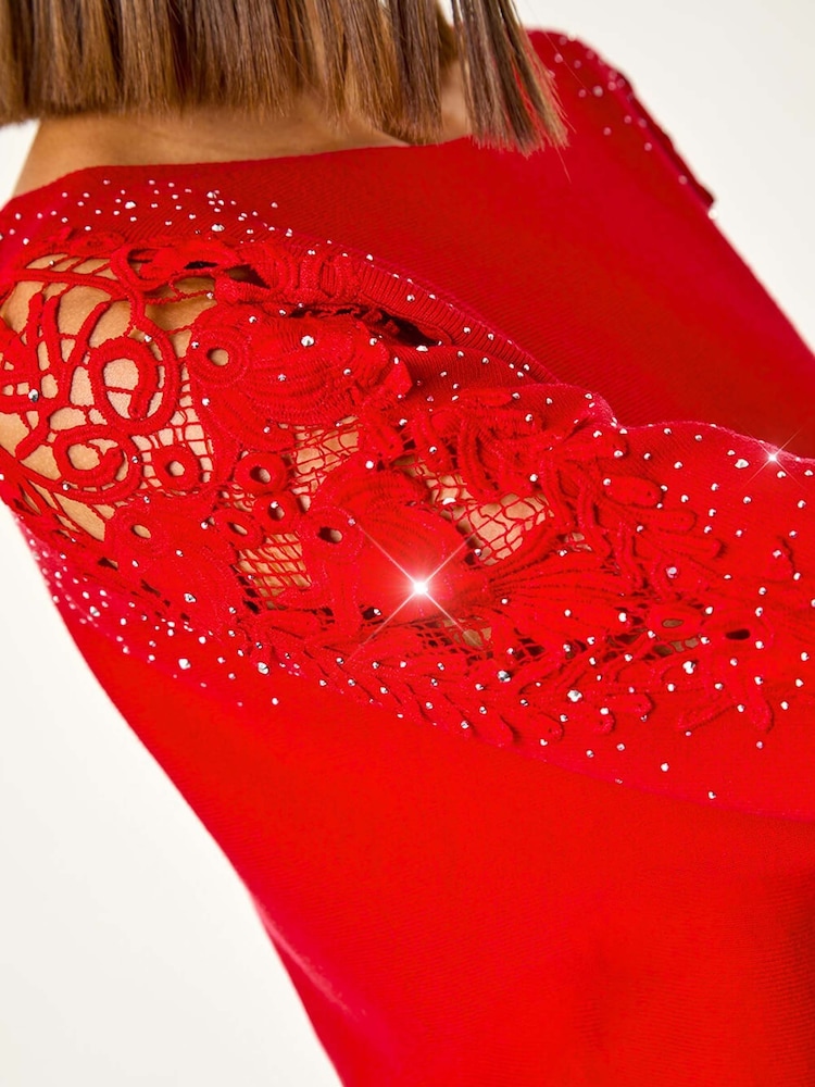 Roman Red Diamante Sleeve Knit Jumper - Image 2 of 5