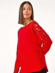 Roman Red Diamante Sleeve Knit Jumper - Image 3 of 5