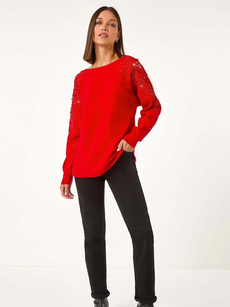 Roman Red Diamante Sleeve Knit Jumper - Image 4 of 5