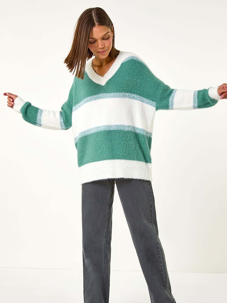 Roman Green V-Neck Stripe Knit Jumper - Image 1 of 5