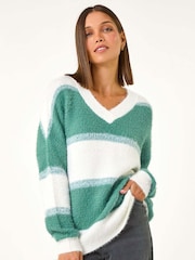 Roman Green V-Neck Stripe Knit Jumper - Image 2 of 5