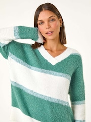 Roman Green V-Neck Stripe Knit Jumper - Image 4 of 5