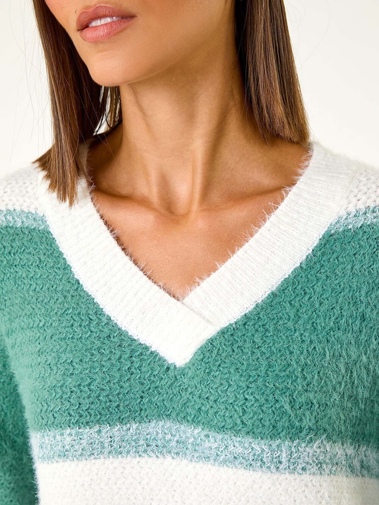 Roman Green V-Neck Stripe Knit Jumper - Image 5 of 5