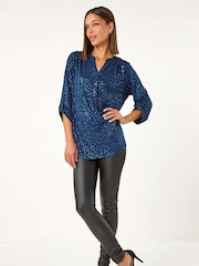 Roman Blue Glitter Animal Print Stretch Shirt - Image 1 of 5