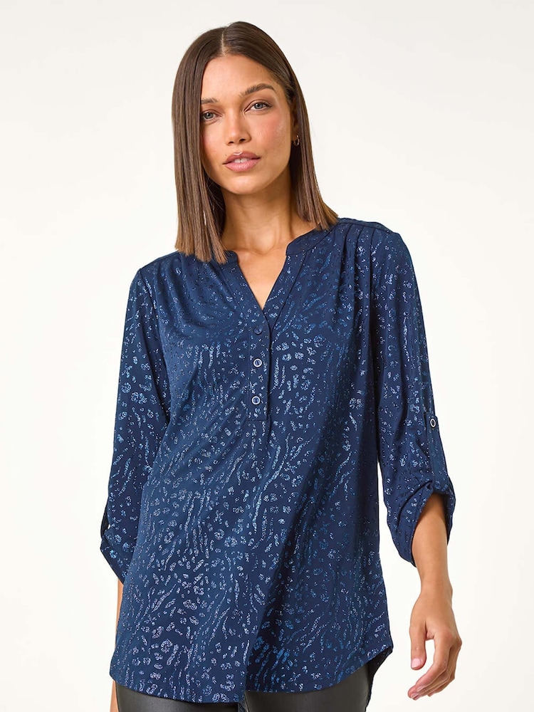 Roman Blue Glitter Animal Print Stretch Shirt - Image 2 of 5