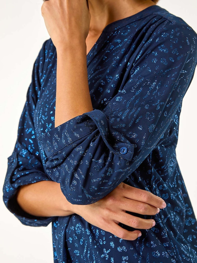 Roman Blue Glitter Animal Print Stretch Shirt - Image 5 of 5