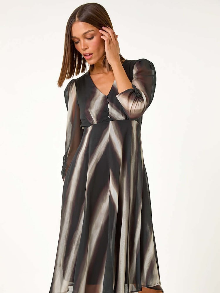 Roman Black Stripe Print V-Neck Hanky Hem Midi Dress - Image 3 of 6