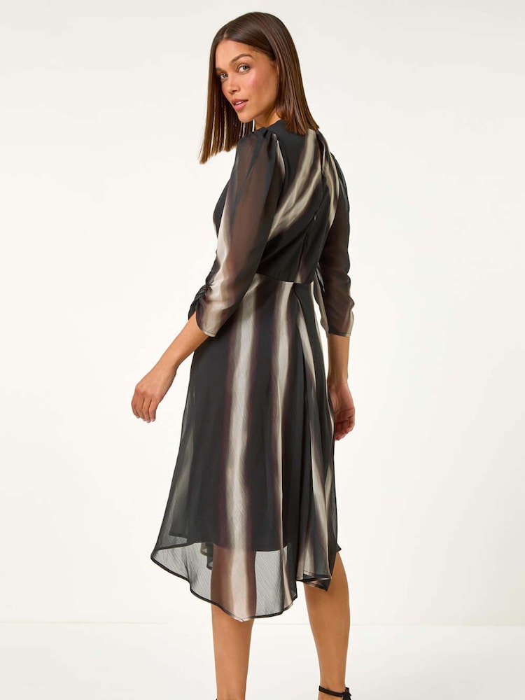 Roman Black Stripe Print V-Neck Hanky Hem Midi Dress - Image 4 of 6