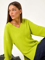 Roman Green Plain V-Neck Fluffy Knit Jumper - Image 1 of 5