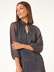 Roman Black Twist Neck Glitter Mesh Top - Image 1 of 5