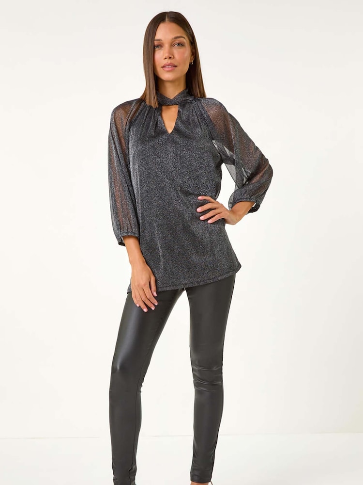 Negro - Roman Twist Neck Glitter Mesh Top - Imagen 2 de 5 Negro - Roman Twist Neck Glitter Mesh Top - Imagen 2 de 5